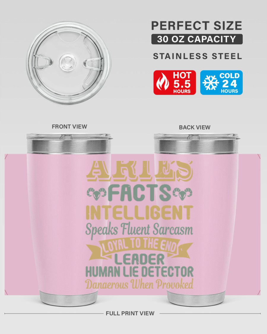 Aries 123# Zodiac Tumbler in stainless steel with a vibrant zodiac design, perfect for hot and cold beverages.