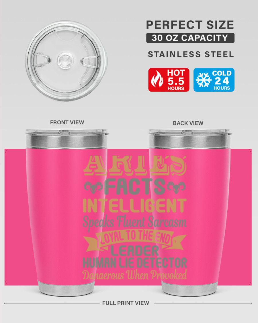 Aries 123# Zodiac Tumbler in stainless steel with a vibrant zodiac design, perfect for hot and cold beverages.