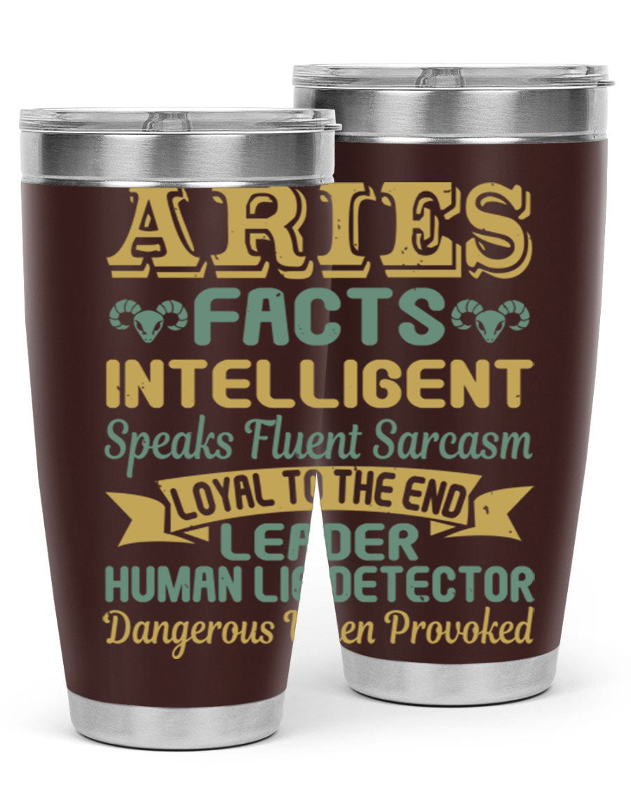 Aries 123# Zodiac Tumbler in stainless steel with a vibrant zodiac design, perfect for hot and cold beverages.