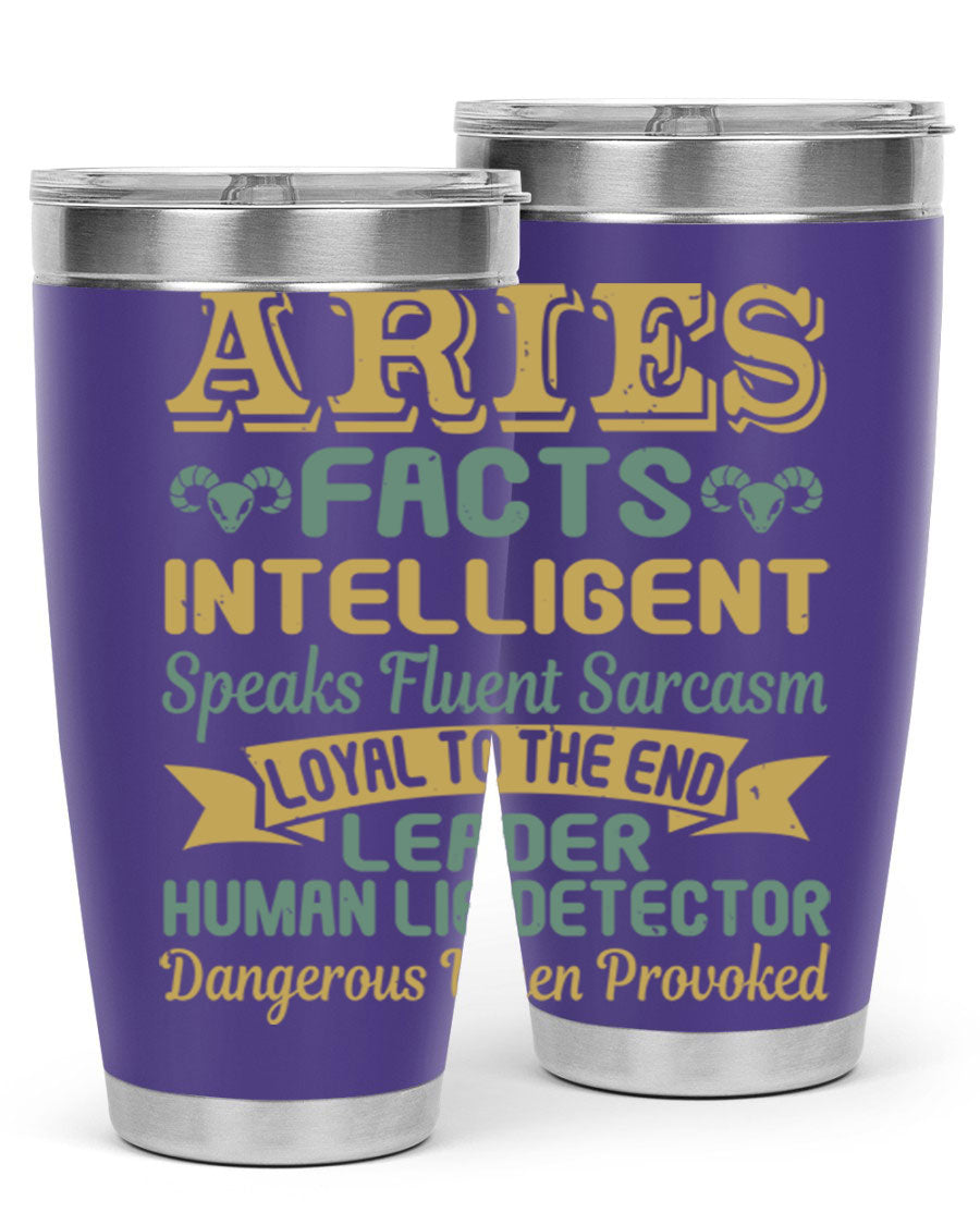 Aries 123# Zodiac Tumbler in stainless steel with a vibrant zodiac design, perfect for hot and cold beverages.