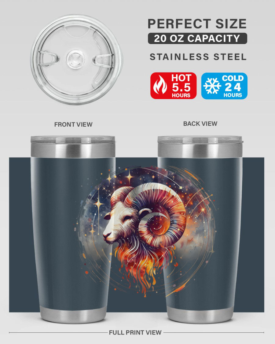 Aries 125# Zodiac Tumbler in stainless steel with vibrant zodiac design, showcasing its double wall vacuum insulation and drink-thru lid.