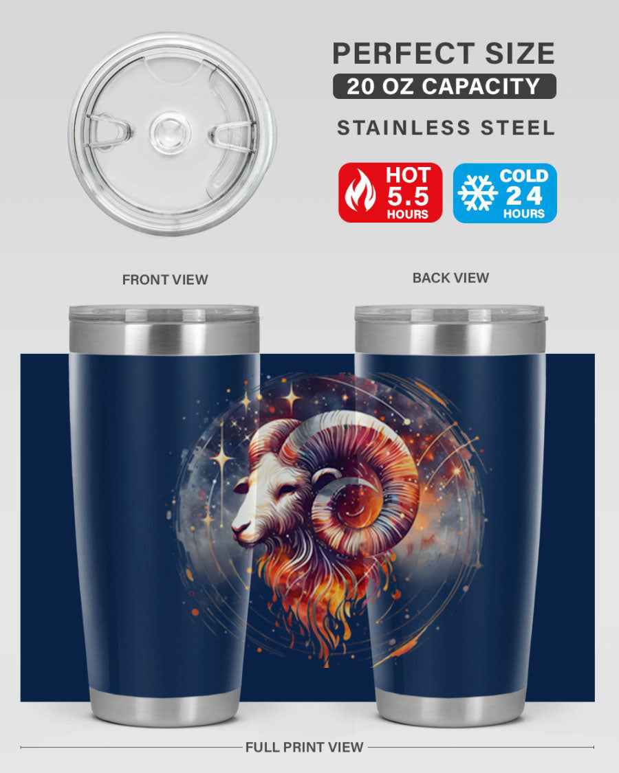 Aries 125# Zodiac Tumbler in stainless steel with vibrant zodiac design, showcasing its double wall vacuum insulation and drink-thru lid.