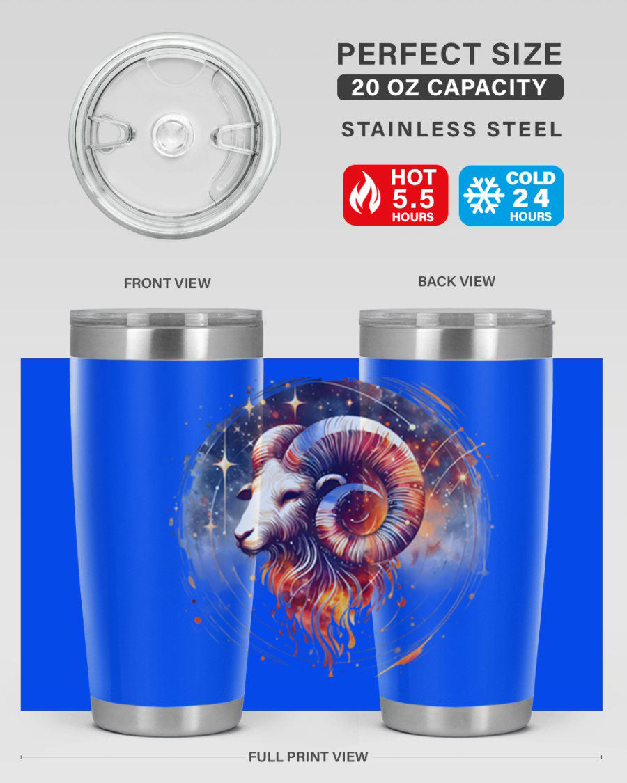 Aries 125# Zodiac Tumbler in stainless steel with vibrant zodiac design, showcasing its double wall vacuum insulation and drink-thru lid.
