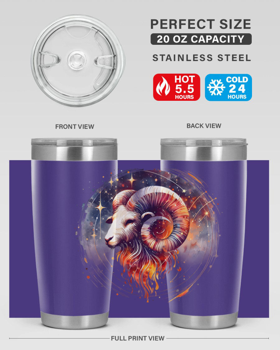 Aries 125# Zodiac Tumbler in stainless steel with vibrant zodiac design, showcasing its double wall vacuum insulation and drink-thru lid.