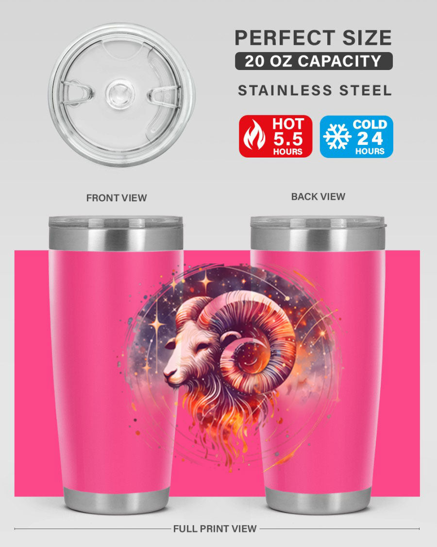 Aries 125# Zodiac Tumbler in stainless steel with vibrant zodiac design, showcasing its double wall vacuum insulation and drink-thru lid.