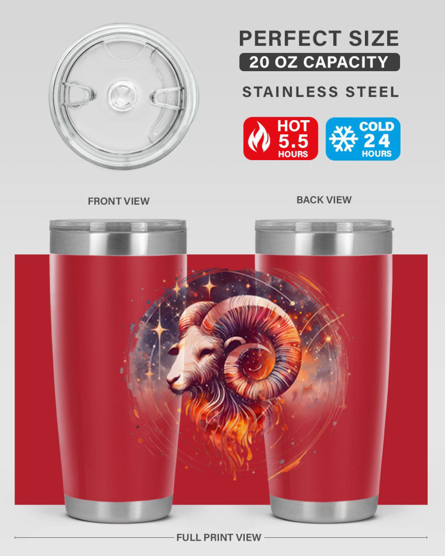 Aries 125# Zodiac Tumbler in stainless steel with vibrant zodiac design, showcasing its double wall vacuum insulation and drink-thru lid.