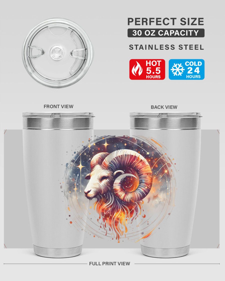Aries 125# Zodiac Tumbler in stainless steel with vibrant zodiac design, showcasing its double wall vacuum insulation and drink-thru lid.