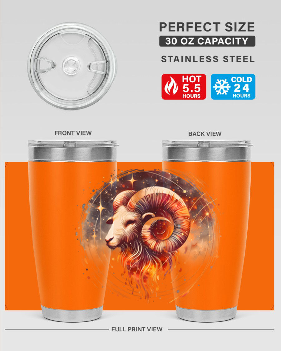 Aries 125# Zodiac Tumbler in stainless steel with vibrant zodiac design, showcasing its double wall vacuum insulation and drink-thru lid.