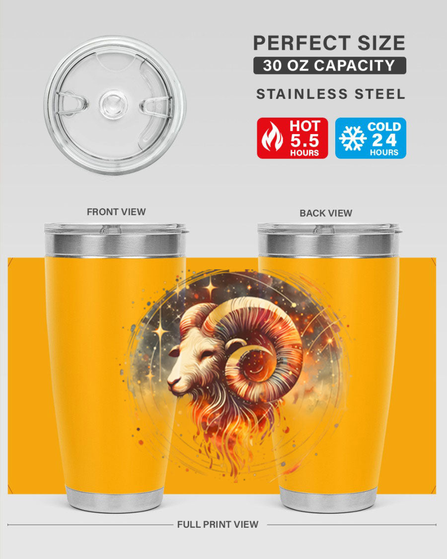 Aries 125# Zodiac Tumbler in stainless steel with vibrant zodiac design, showcasing its double wall vacuum insulation and drink-thru lid.