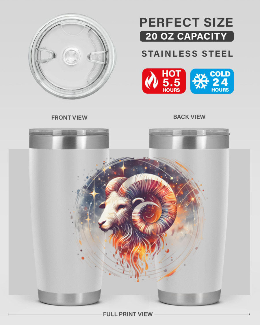 Aries 125# Zodiac Tumbler in stainless steel with vibrant zodiac design, showcasing its double wall vacuum insulation and drink-thru lid.