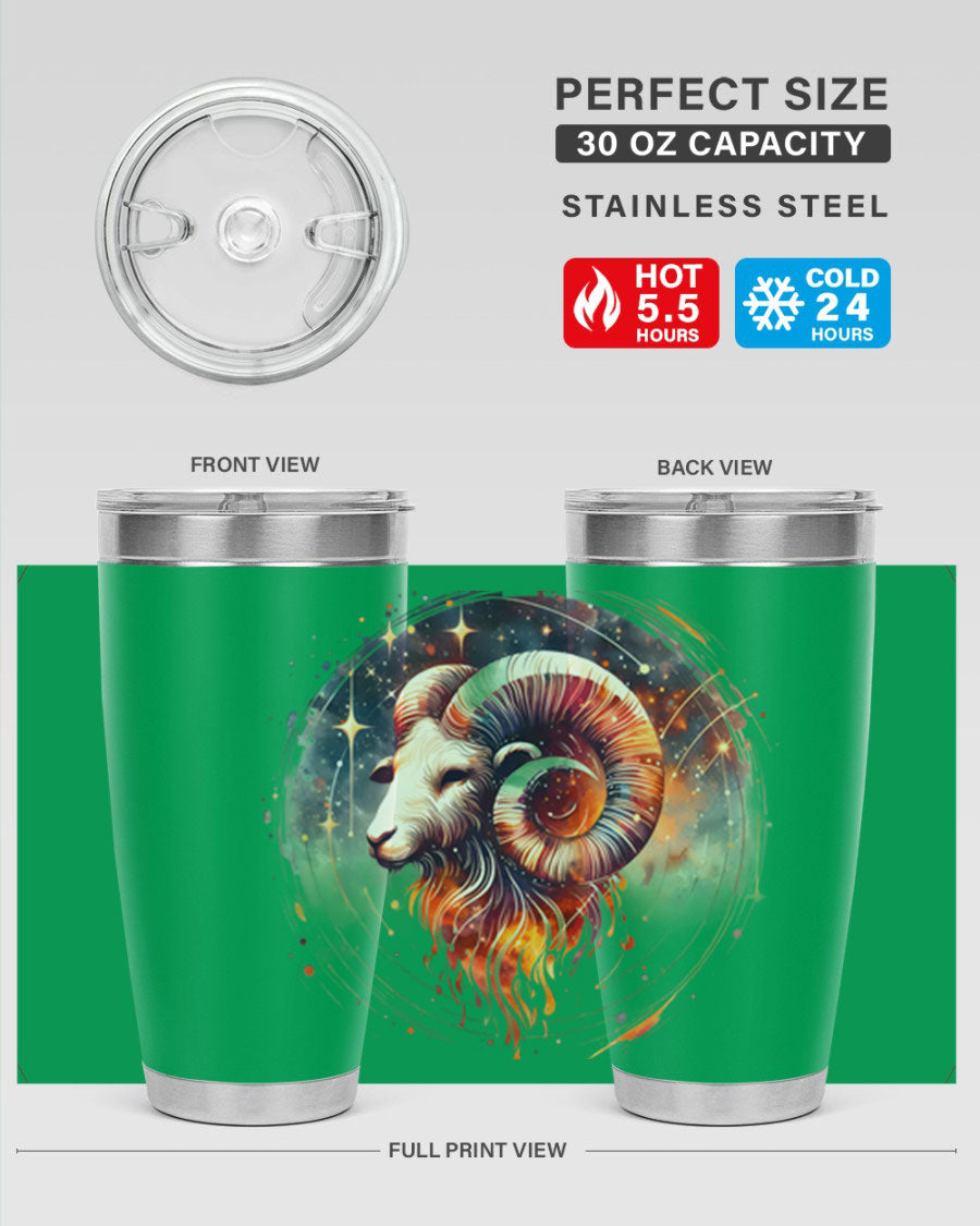 Aries 125# Zodiac Tumbler in stainless steel with vibrant zodiac design, showcasing its double wall vacuum insulation and drink-thru lid.