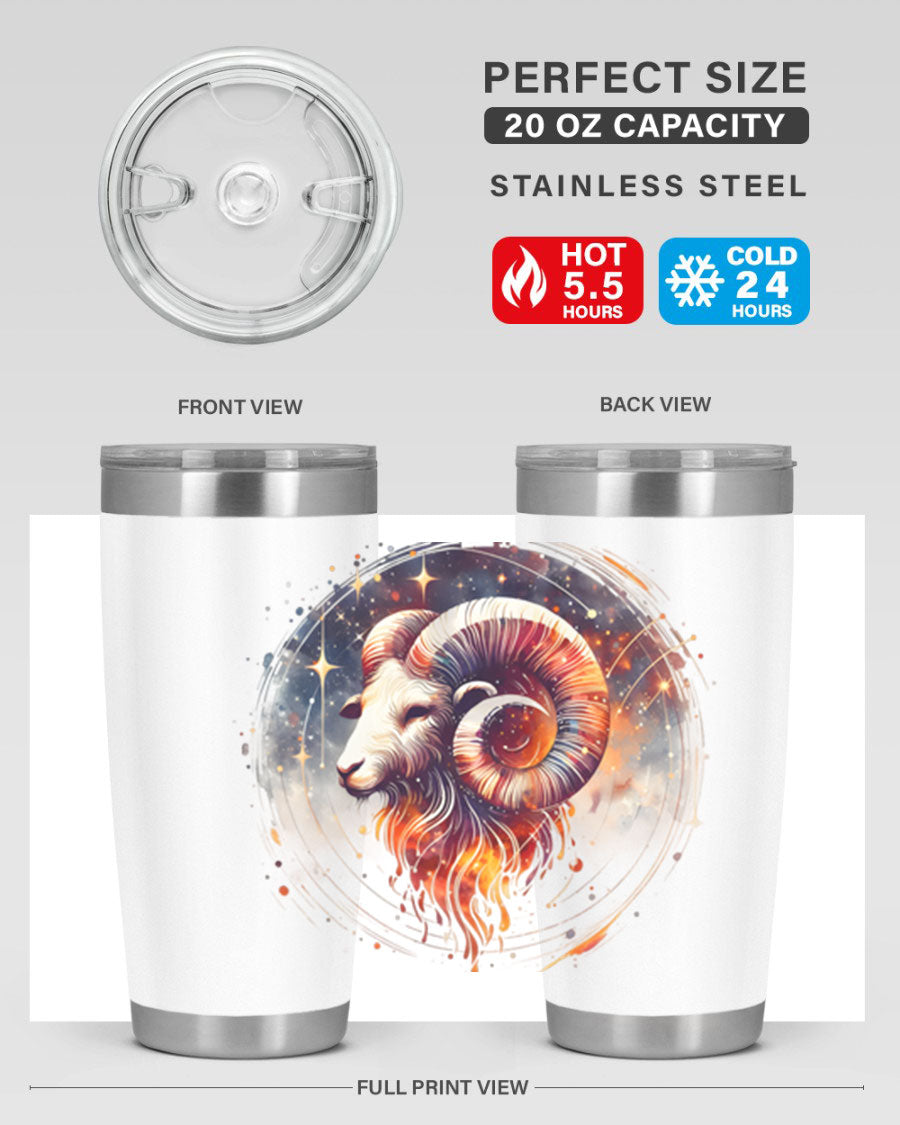 Aries 125# Zodiac Tumbler in stainless steel with vibrant zodiac design, showcasing its double wall vacuum insulation and drink-thru lid.