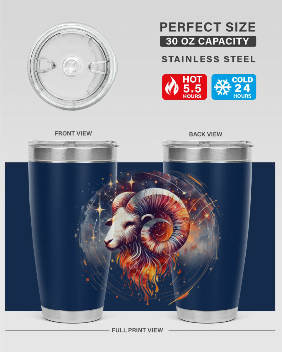 Aries 125# Zodiac Tumbler in stainless steel with vibrant zodiac design, showcasing its double wall vacuum insulation and drink-thru lid.