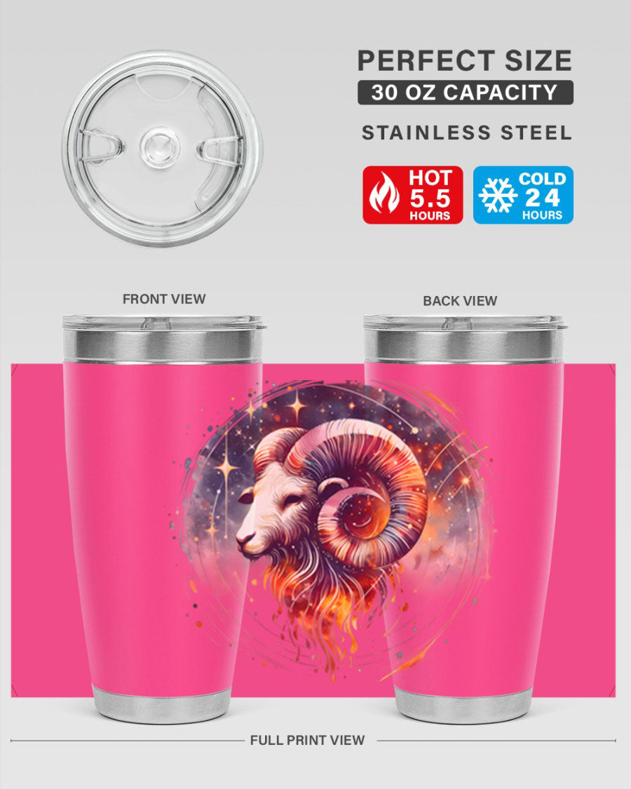 Aries 125# Zodiac Tumbler in stainless steel with vibrant zodiac design, showcasing its double wall vacuum insulation and drink-thru lid.