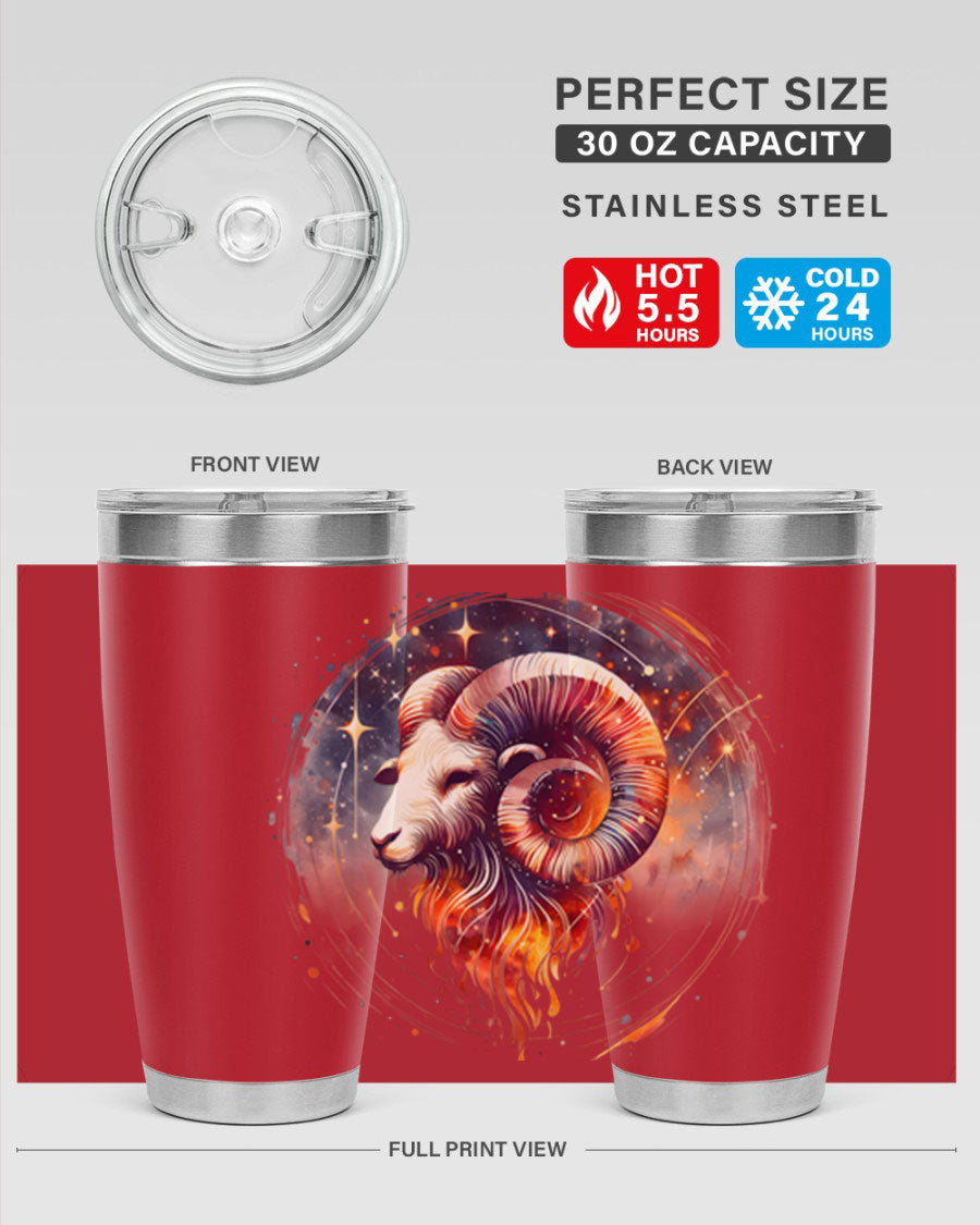 Aries 125# Zodiac Tumbler in stainless steel with vibrant zodiac design, showcasing its double wall vacuum insulation and drink-thru lid.