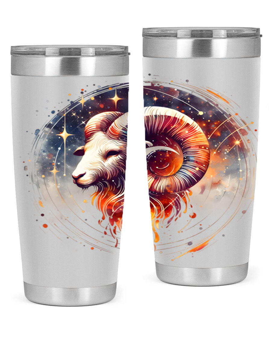 Aries 125# Zodiac Tumbler in stainless steel with vibrant zodiac design, showcasing its double wall vacuum insulation and drink-thru lid.