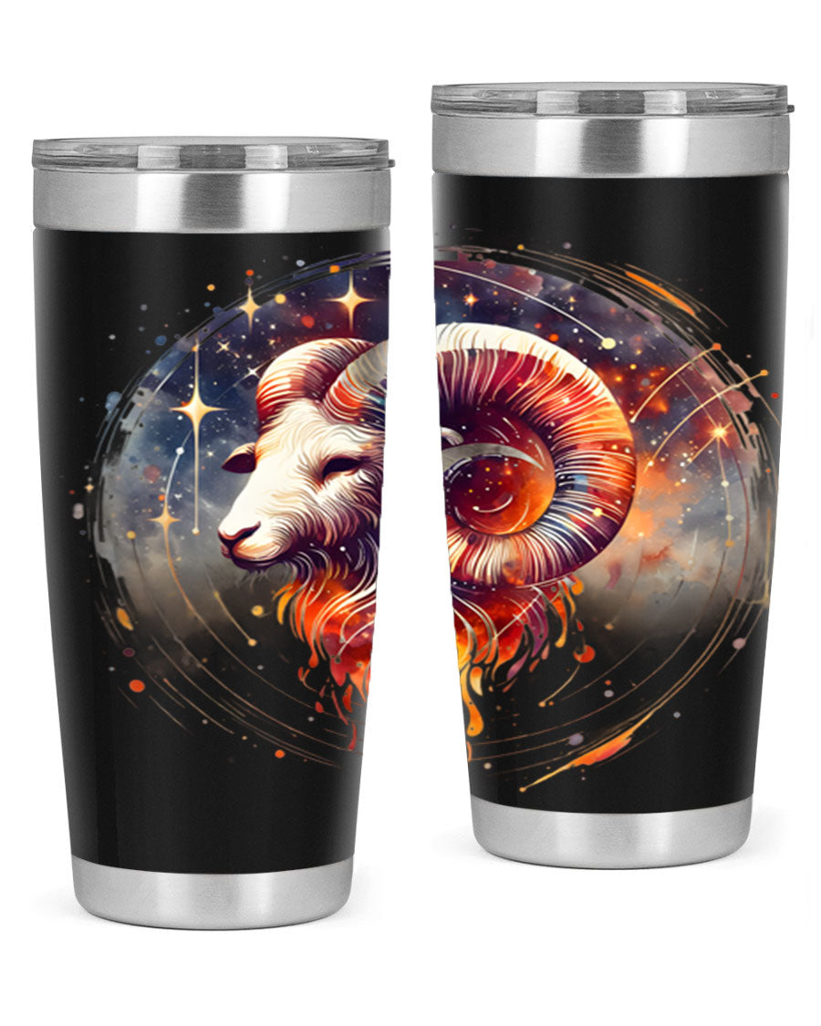 Aries 125# Zodiac Tumbler in stainless steel with vibrant zodiac design, showcasing its double wall vacuum insulation and drink-thru lid.