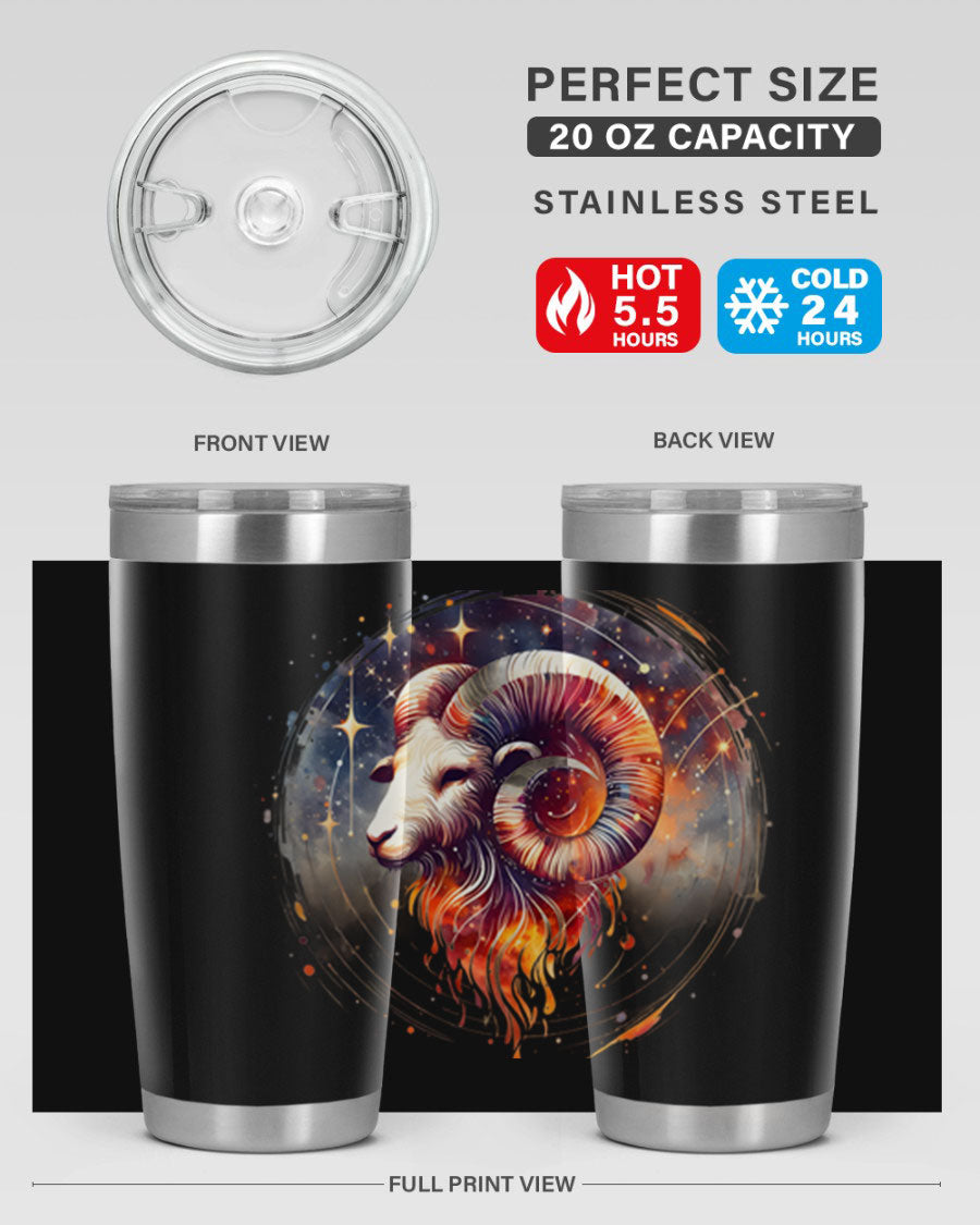 Aries 125# Zodiac Tumbler in stainless steel with vibrant zodiac design, showcasing its double wall vacuum insulation and drink-thru lid.
