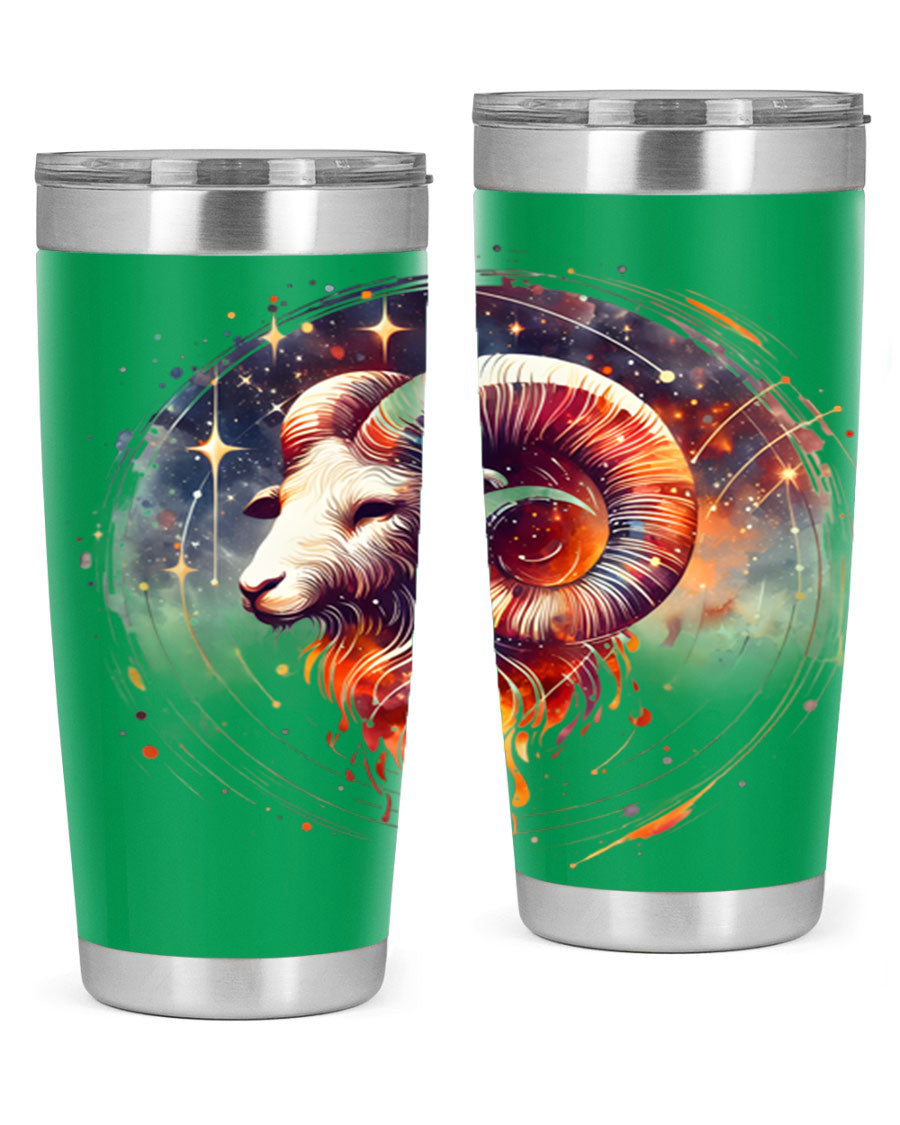 Aries 125# Zodiac Tumbler in stainless steel with vibrant zodiac design, showcasing its double wall vacuum insulation and drink-thru lid.