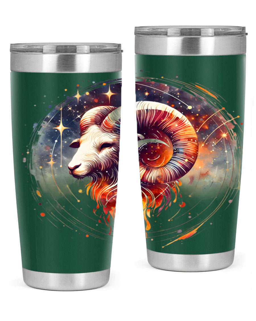 Aries 125# Zodiac Tumbler in stainless steel with vibrant zodiac design, showcasing its double wall vacuum insulation and drink-thru lid.