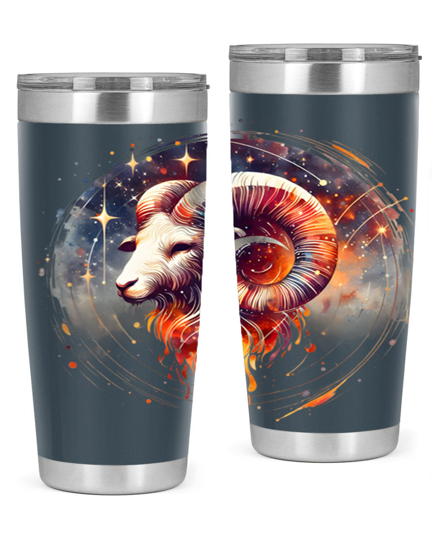 Aries 125# Zodiac Tumbler in stainless steel with vibrant zodiac design, showcasing its double wall vacuum insulation and drink-thru lid.