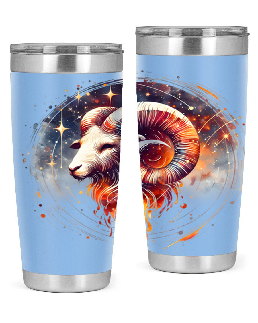 Aries 125# Zodiac Tumbler in stainless steel with vibrant zodiac design, showcasing its double wall vacuum insulation and drink-thru lid.