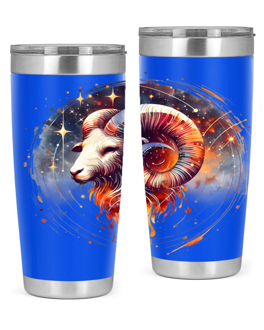 Aries 125# Zodiac Tumbler in stainless steel with vibrant zodiac design, showcasing its double wall vacuum insulation and drink-thru lid.