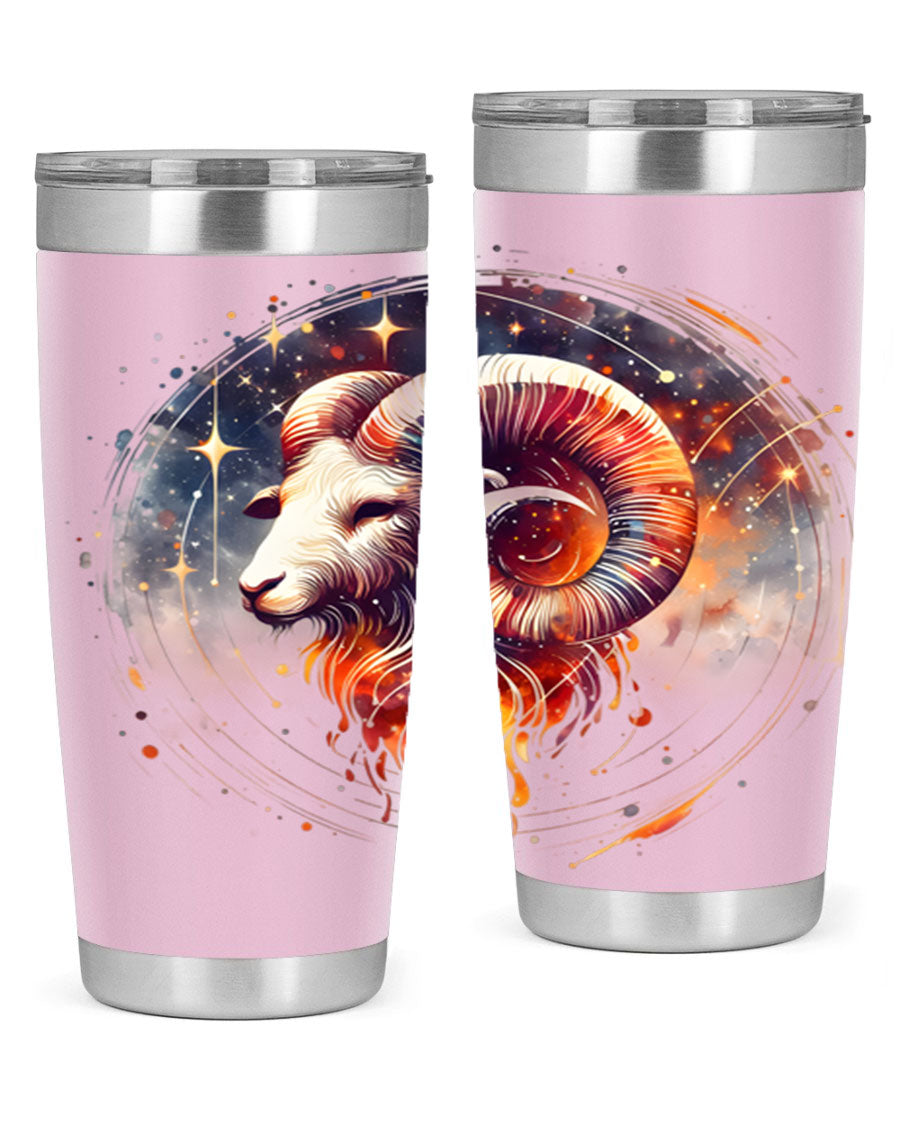 Aries 125# Zodiac Tumbler in stainless steel with vibrant zodiac design, showcasing its double wall vacuum insulation and drink-thru lid.
