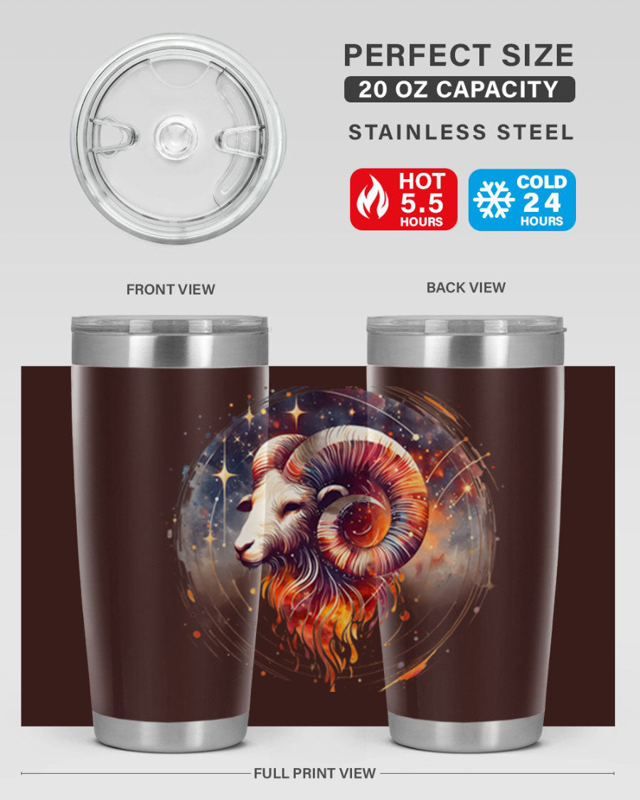 Aries 125# Zodiac Tumbler in stainless steel with vibrant zodiac design, showcasing its double wall vacuum insulation and drink-thru lid.