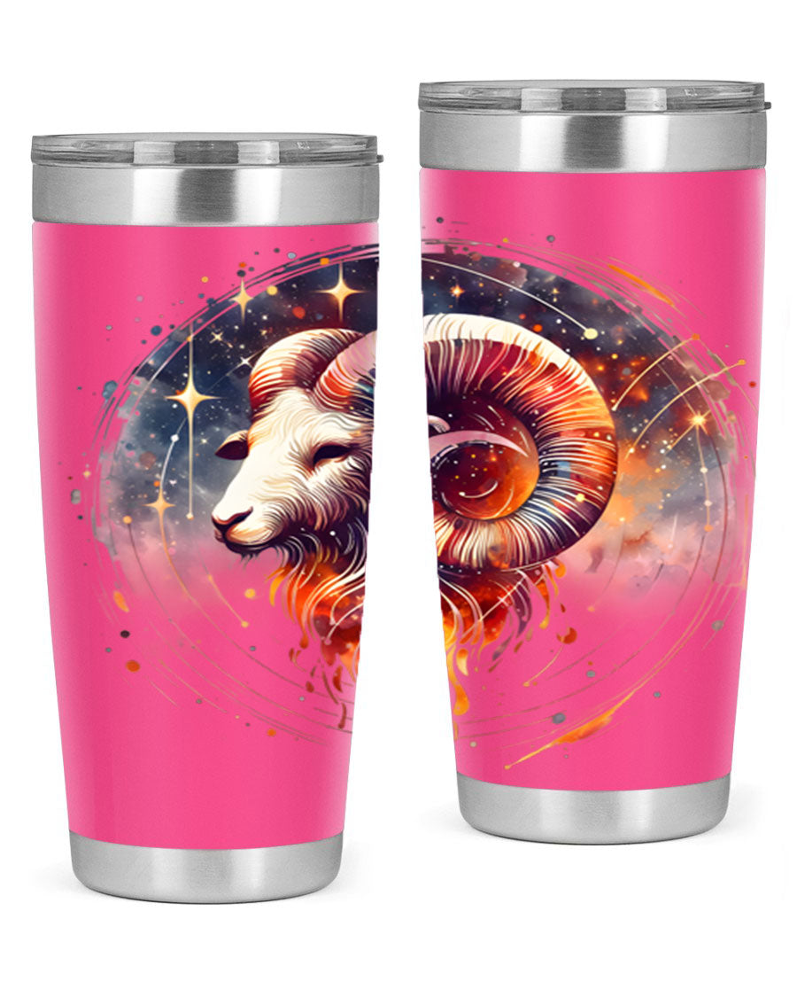 Aries 125# Zodiac Tumbler in stainless steel with vibrant zodiac design, showcasing its double wall vacuum insulation and drink-thru lid.
