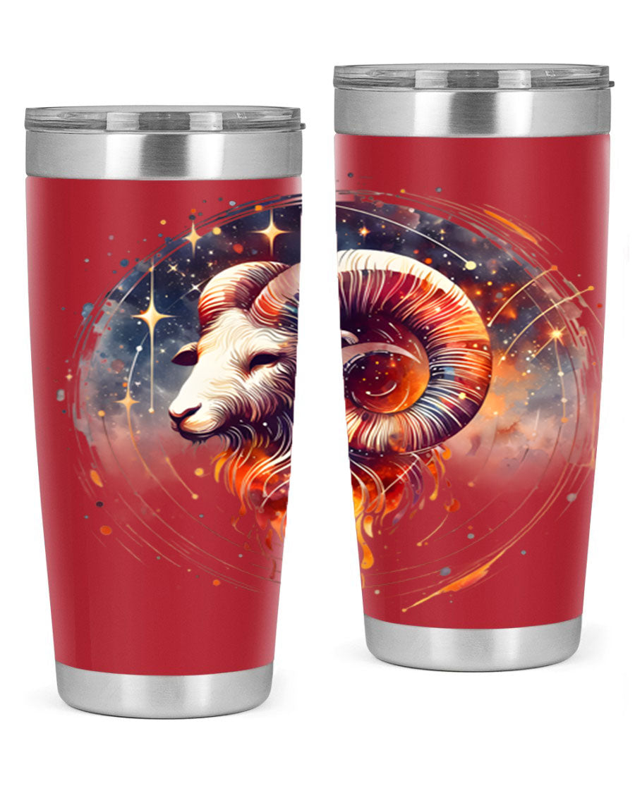 Aries 125# Zodiac Tumbler in stainless steel with vibrant zodiac design, showcasing its double wall vacuum insulation and drink-thru lid.