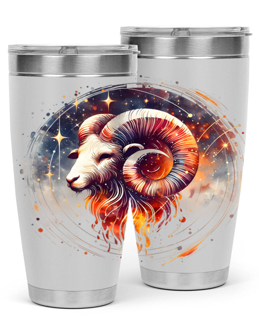 Aries 125# Zodiac Tumbler in stainless steel with vibrant zodiac design, showcasing its double wall vacuum insulation and drink-thru lid.