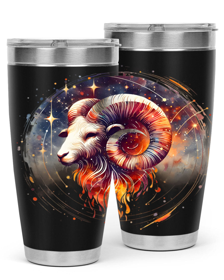Aries 125# Zodiac Tumbler in stainless steel with vibrant zodiac design, showcasing its double wall vacuum insulation and drink-thru lid.