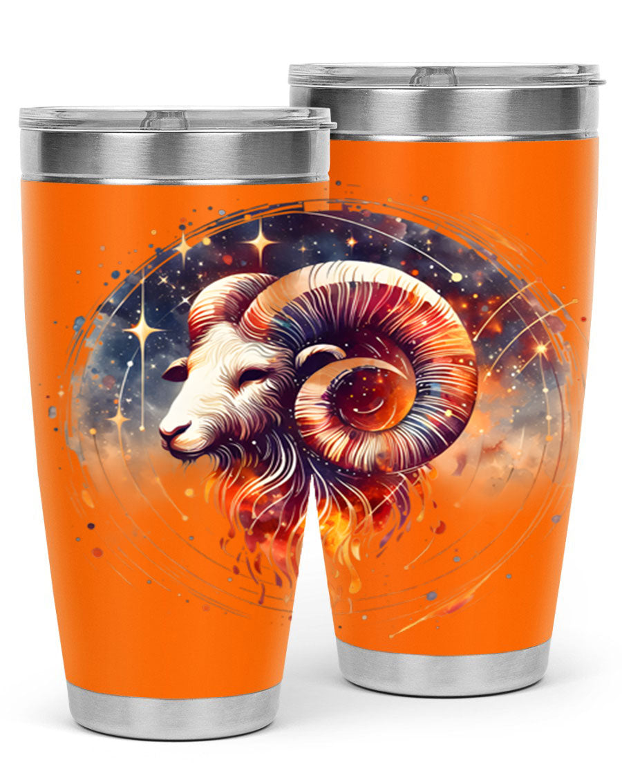 Aries 125# Zodiac Tumbler in stainless steel with vibrant zodiac design, showcasing its double wall vacuum insulation and drink-thru lid.