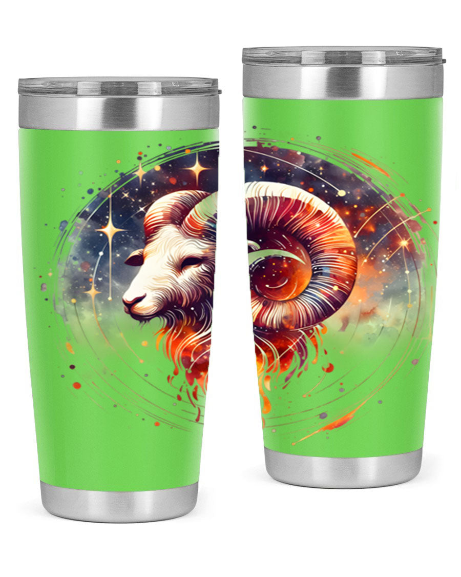 Aries 125# Zodiac Tumbler in stainless steel with vibrant zodiac design, showcasing its double wall vacuum insulation and drink-thru lid.