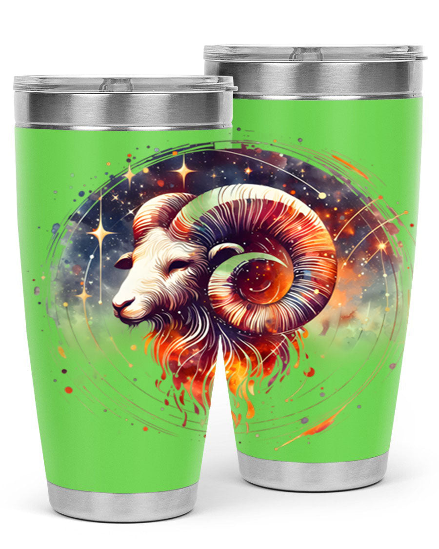 Aries 125# Zodiac Tumbler in stainless steel with vibrant zodiac design, showcasing its double wall vacuum insulation and drink-thru lid.