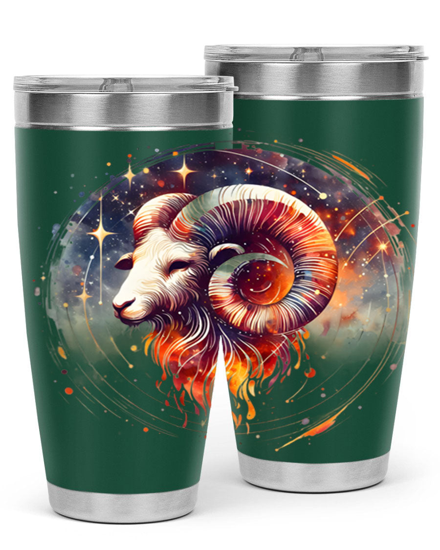 Aries 125# Zodiac Tumbler in stainless steel with vibrant zodiac design, showcasing its double wall vacuum insulation and drink-thru lid.