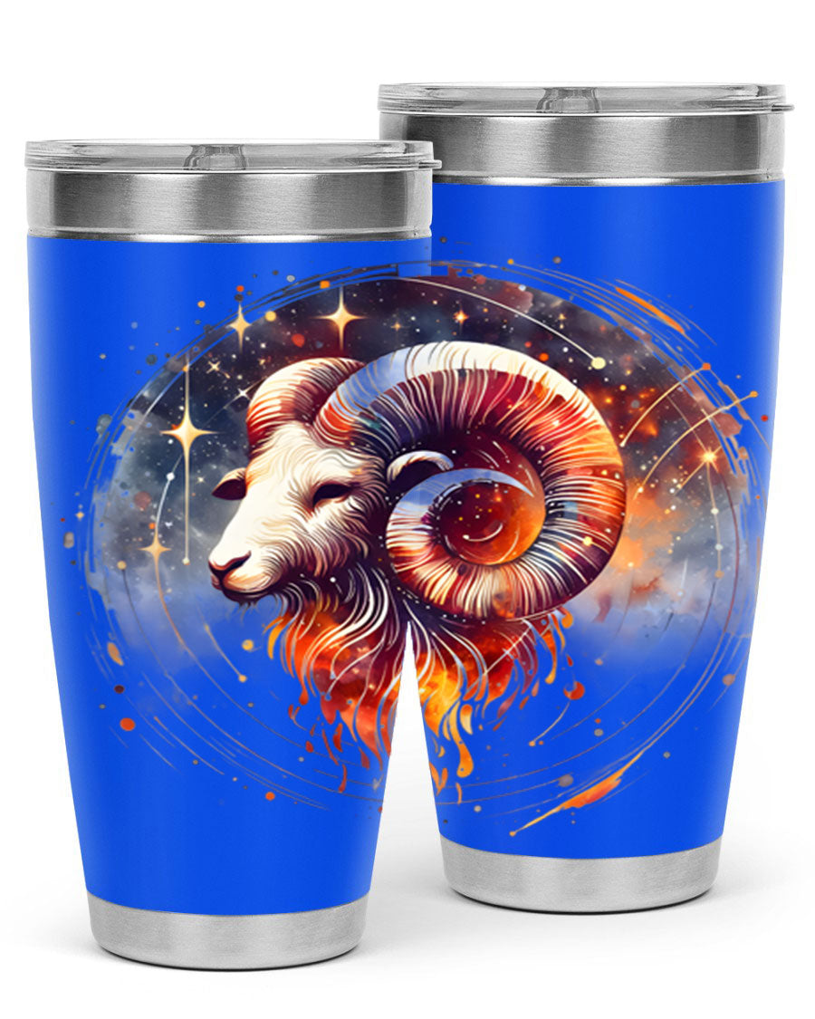 Aries 125# Zodiac Tumbler in stainless steel with vibrant zodiac design, showcasing its double wall vacuum insulation and drink-thru lid.