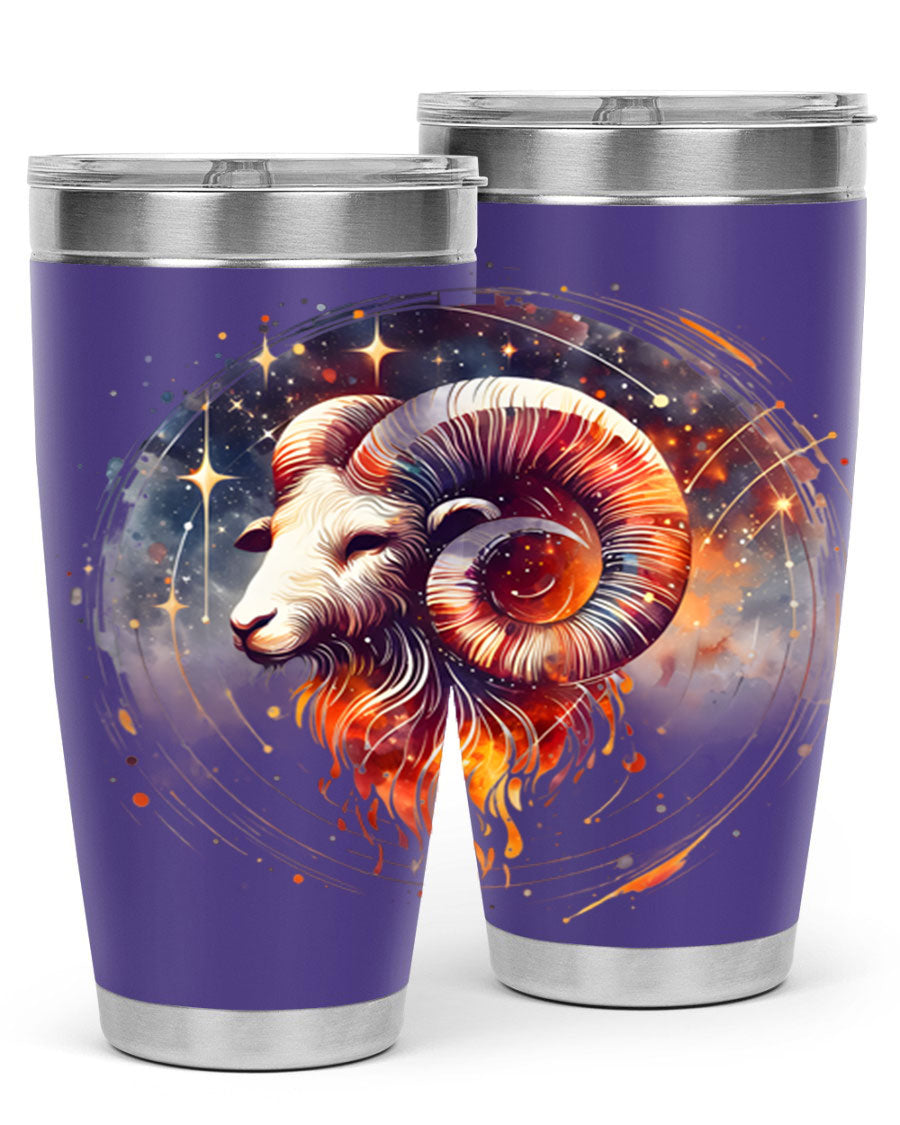 Aries 125# Zodiac Tumbler in stainless steel with vibrant zodiac design, showcasing its double wall vacuum insulation and drink-thru lid.