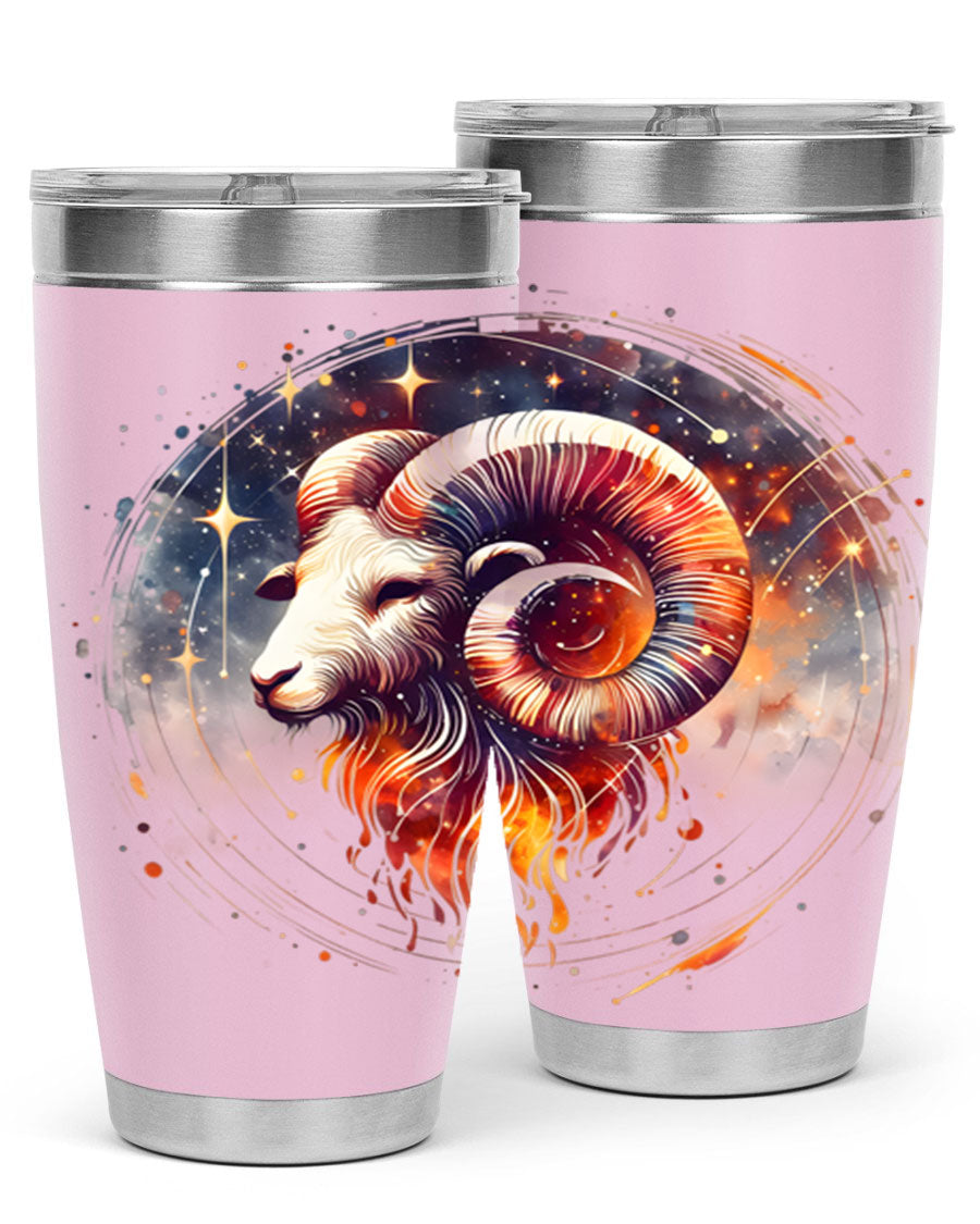 Aries 125# Zodiac Tumbler in stainless steel with vibrant zodiac design, showcasing its double wall vacuum insulation and drink-thru lid.