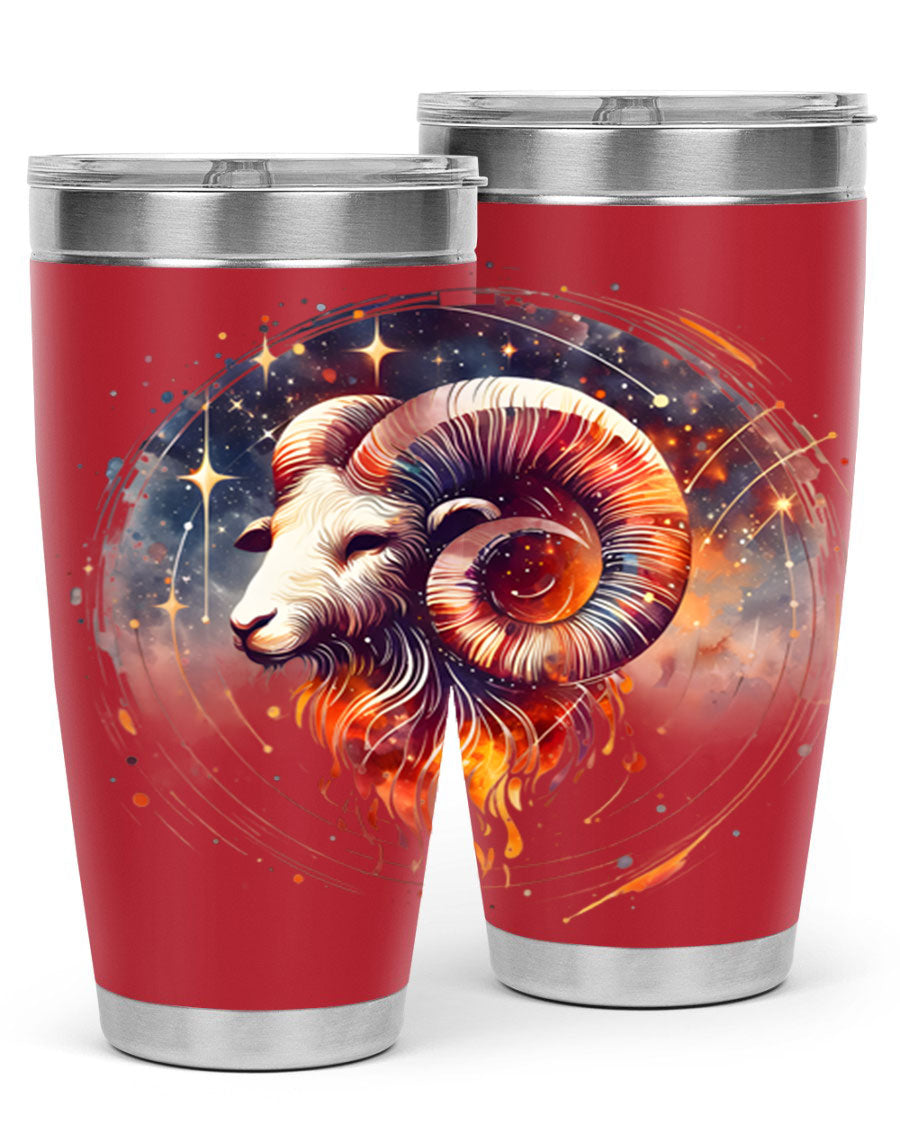 Aries 125# Zodiac Tumbler in stainless steel with vibrant zodiac design, showcasing its double wall vacuum insulation and drink-thru lid.