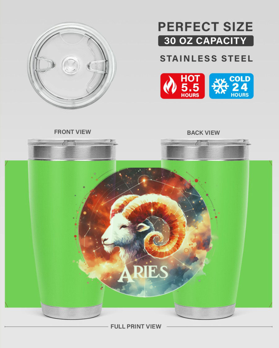 Aries 128# Zodiac Tumbler in stainless steel with a zodiac design, showcasing its double wall vacuum insulation and drink-thru lid.