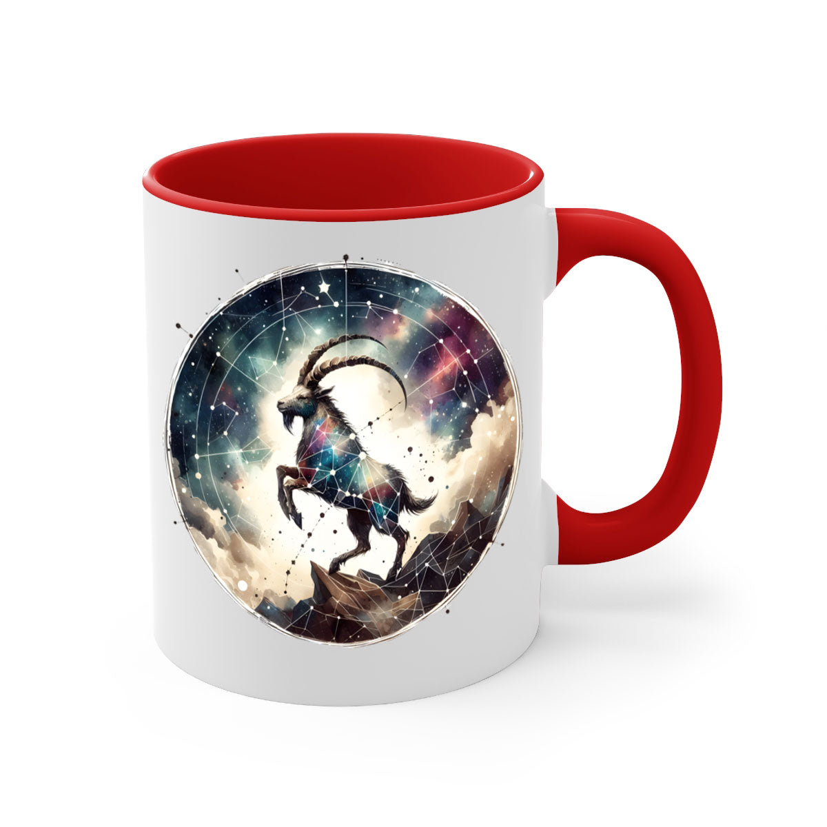 Aries 129# Zodiac Mug featuring a glossy finish, colored handle, and interior, available in multiple colors and sizes.