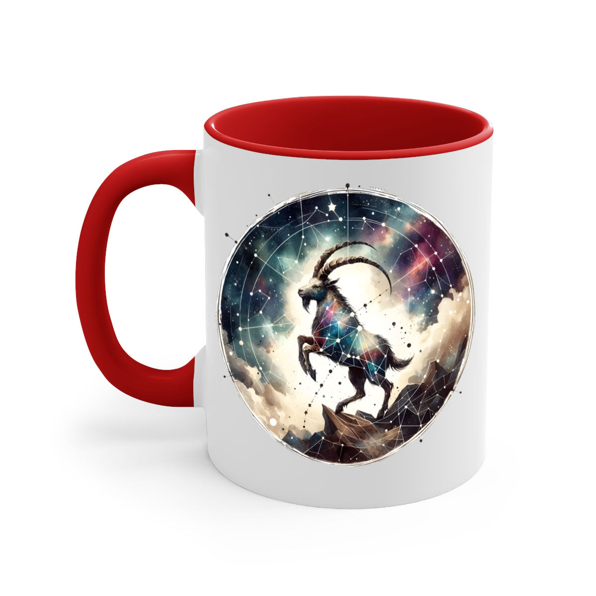 Aries 129# Zodiac Mug featuring a glossy finish, colored handle, and interior, available in multiple colors and sizes.