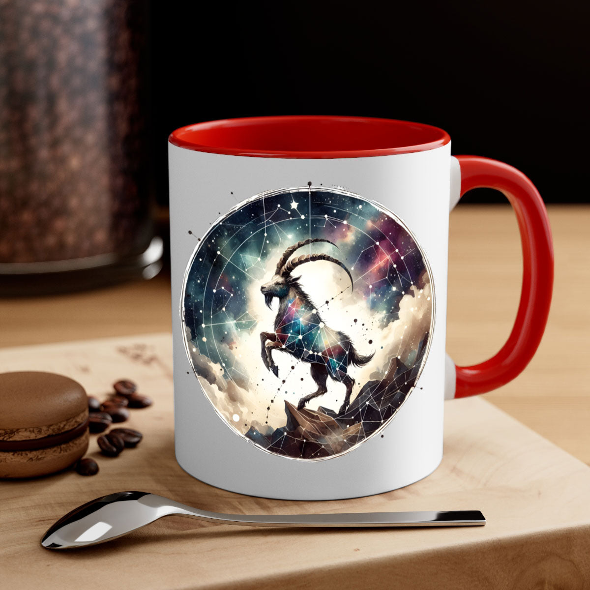 Aries 129# Zodiac Mug featuring a glossy finish, colored handle, and interior, available in multiple colors and sizes.