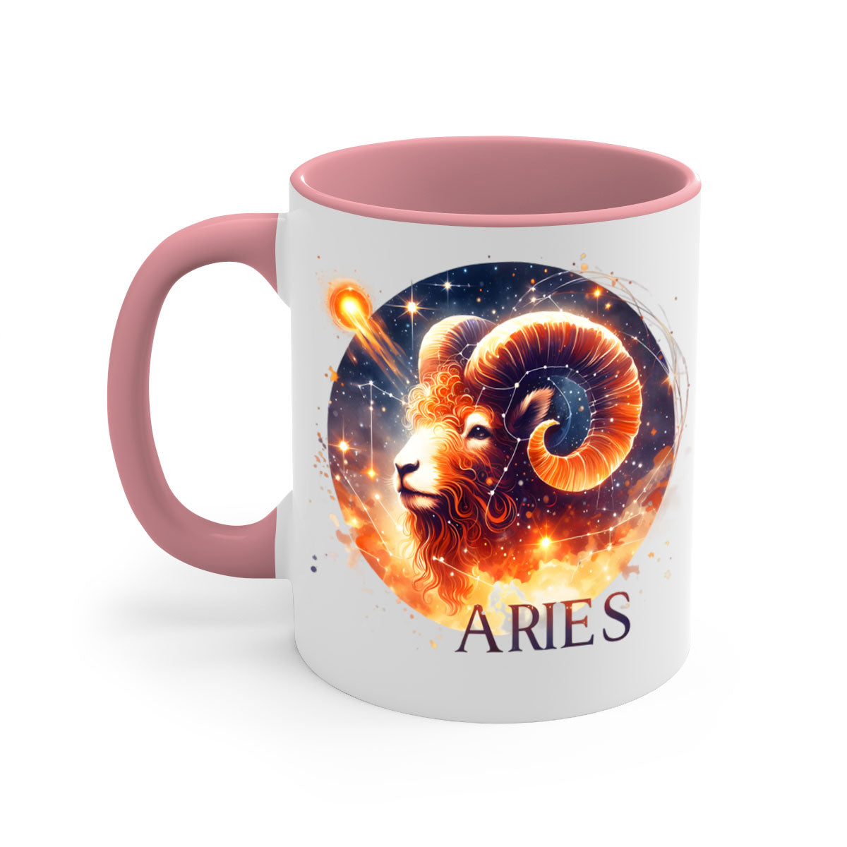 Aries 130# Zodiac Mug featuring a glossy finish, colored handle, and interior, available in multiple colors and sizes.
