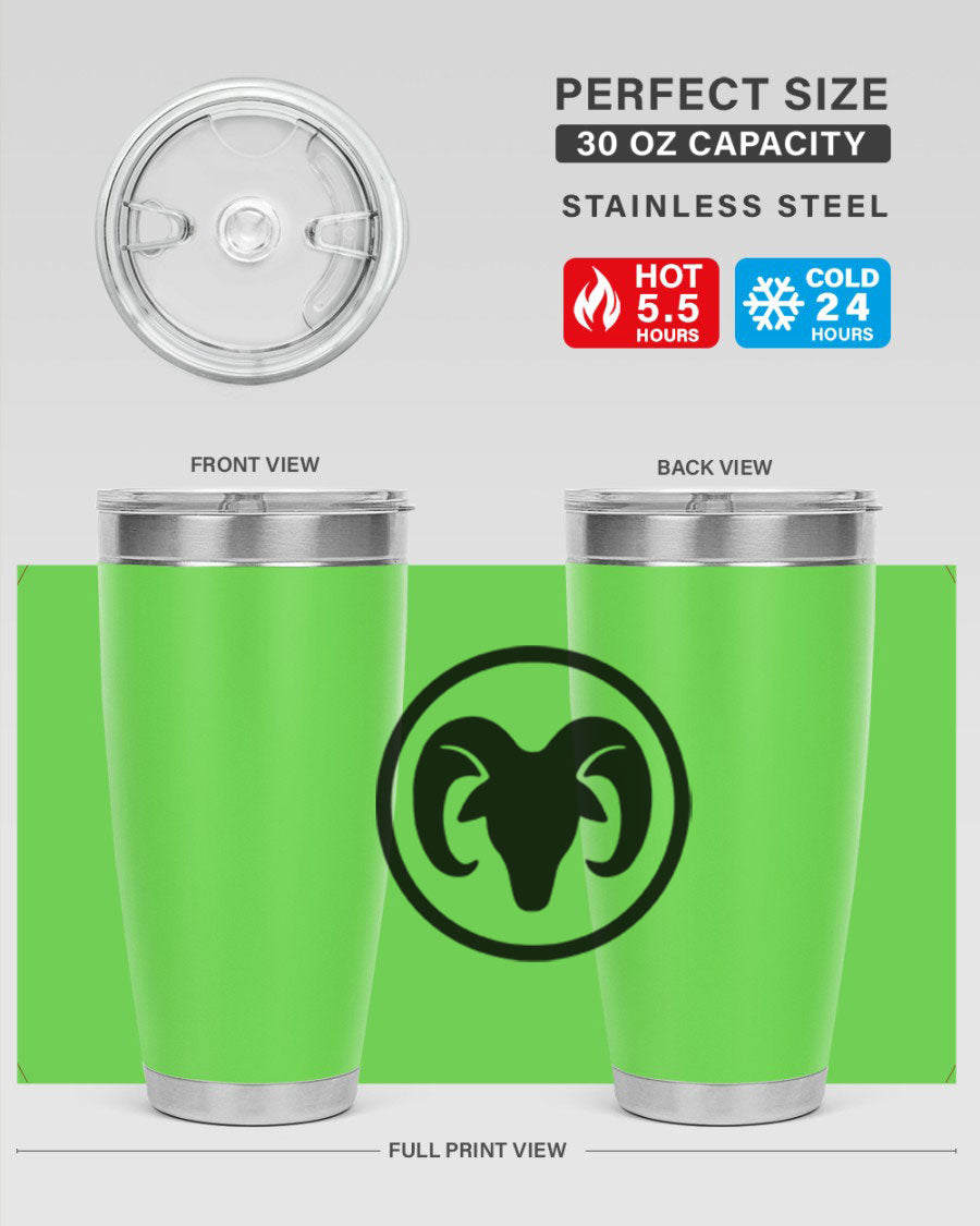 Aries 131# Zodiac Tumbler in stainless steel with a vibrant design, showcasing its double wall vacuum insulation and drink-thru lid.