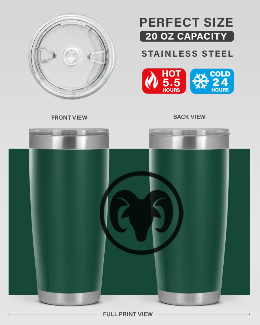 Aries 131# Zodiac Tumbler in stainless steel with a vibrant design, showcasing its double wall vacuum insulation and drink-thru lid.