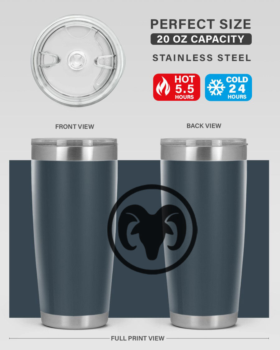 Aries 131# Zodiac Tumbler in stainless steel with a vibrant design, showcasing its double wall vacuum insulation and drink-thru lid.
