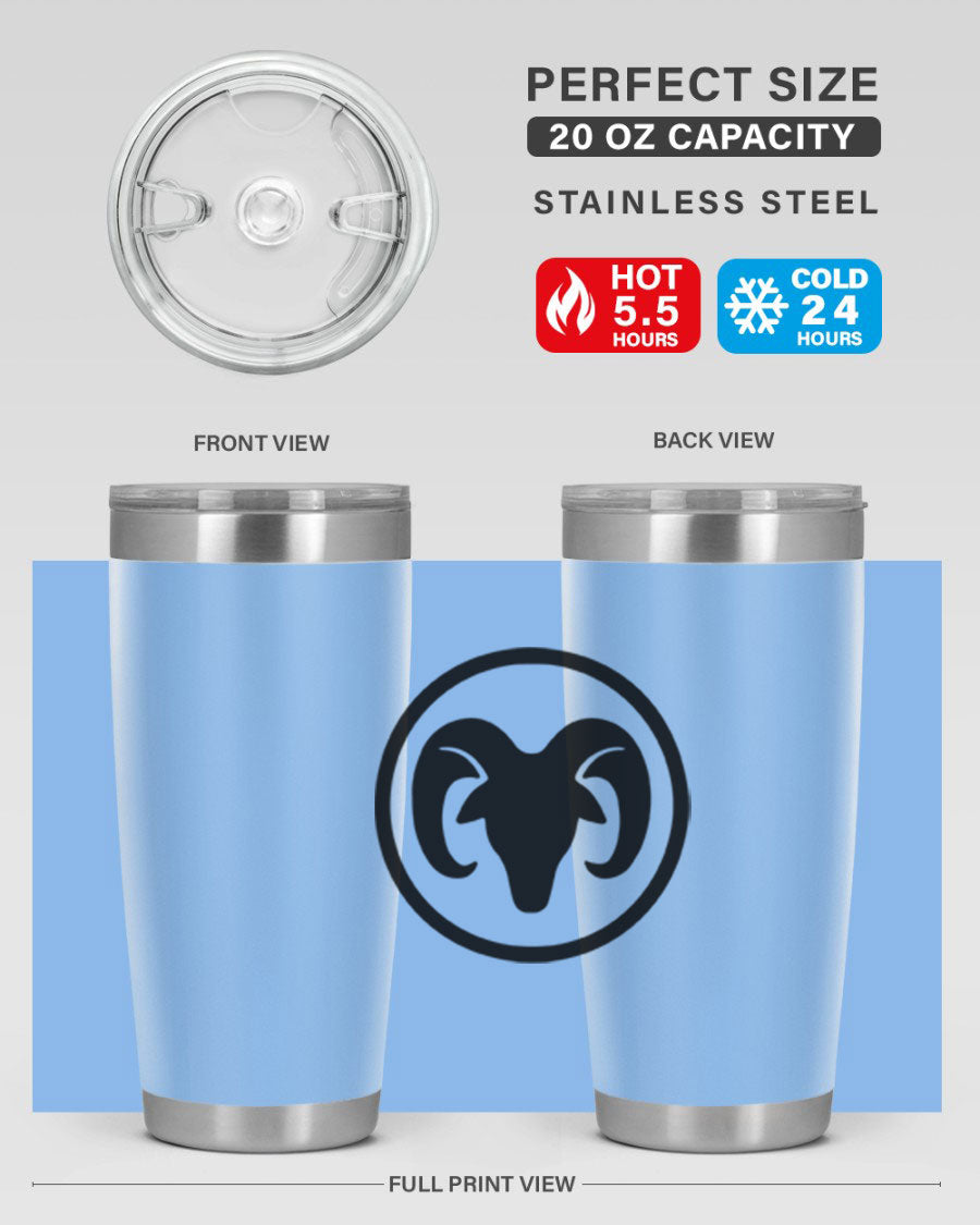Aries 131# Zodiac Tumbler in stainless steel with a vibrant design, showcasing its double wall vacuum insulation and drink-thru lid.
